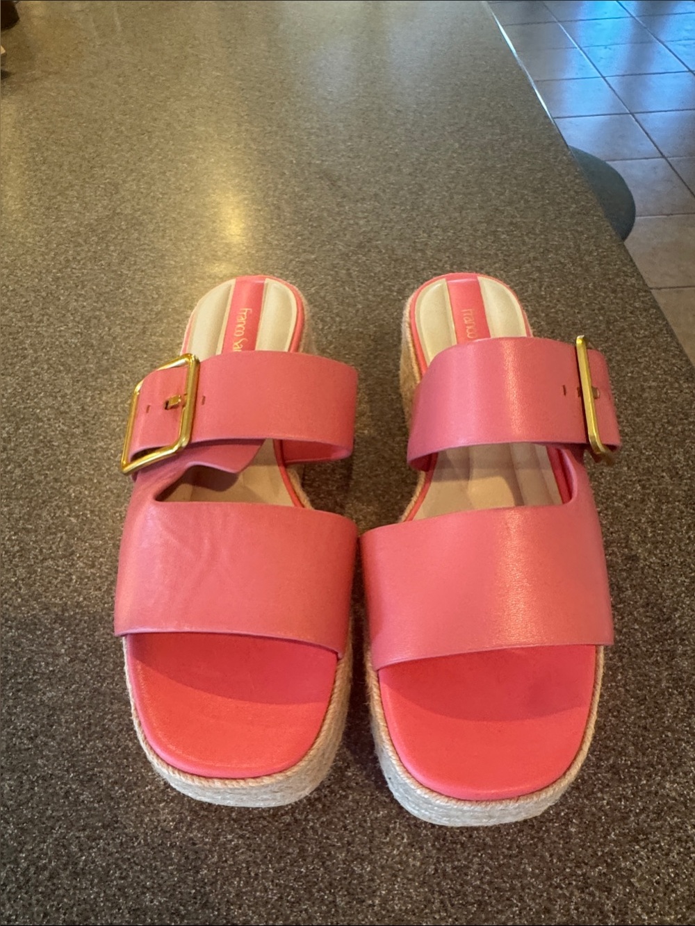 Franco Sarto Pink Double-Band Slide Sandals with Gold Buckles